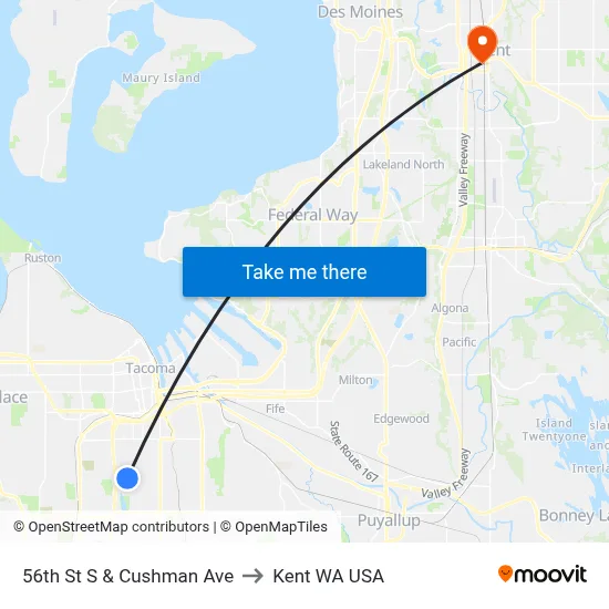 56th St S & Cushman St to Kent WA USA map