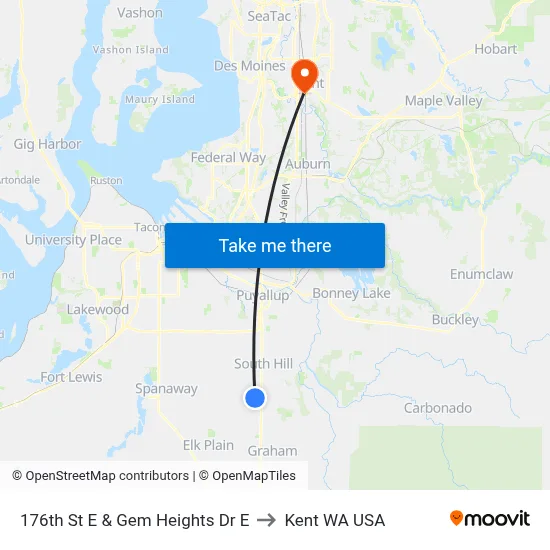 176th St E & Gem Heights Dr E to Kent WA USA map