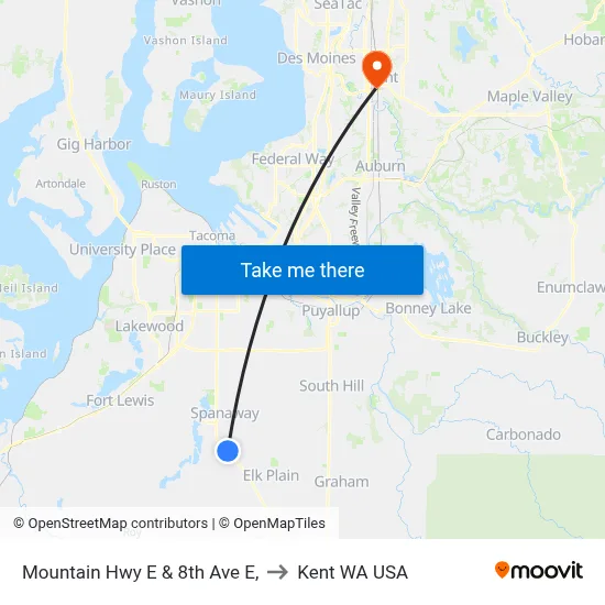 Mountain Hwy E & 8th Ave E, to Kent WA USA map
