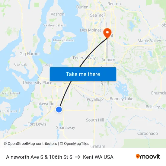 Ainsworth Ave S & 106th St S to Kent WA USA map