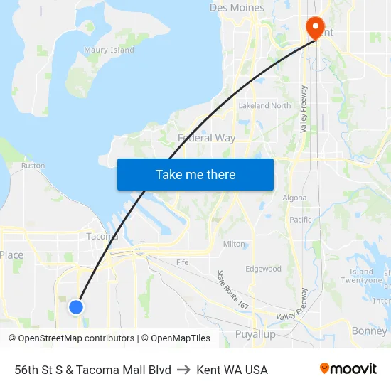 56th St S & Tacoma Mall Blvd to Kent WA USA map