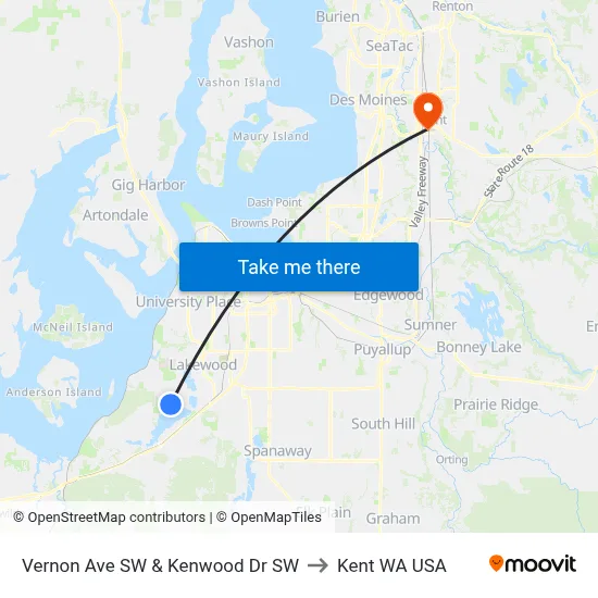 Vernon Ave SW & Kenwood Dr SW to Kent WA USA map
