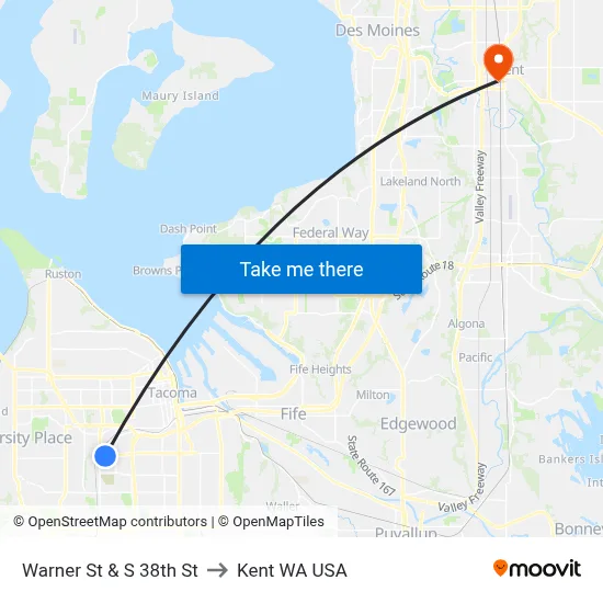 Warner St & S 38th St to Kent WA USA map