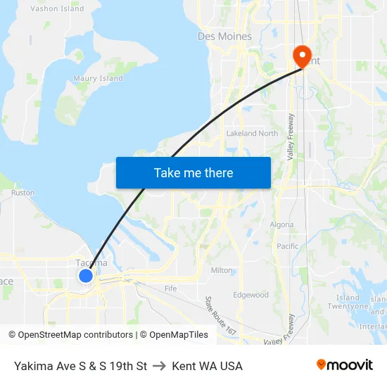 Yakima Ave S & S 19th St to Kent WA USA map