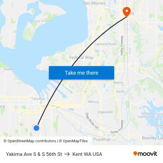 Yakima Ave S & S 56th St to Kent WA USA map