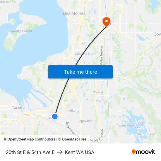 20th St E & 54th Ave E to Kent WA USA map