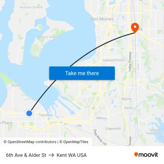 6th Ave & Alder St to Kent WA USA map