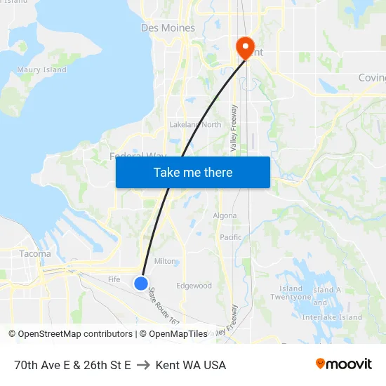 70th Ave E & 26th St E to Kent WA USA map