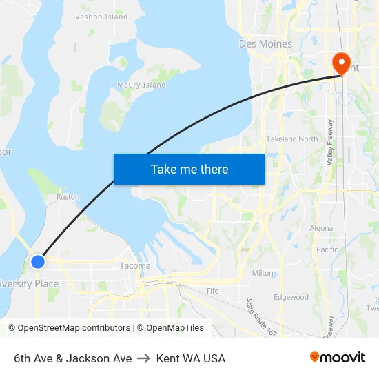 6th Ave & Jackson Ave to Kent WA USA map
