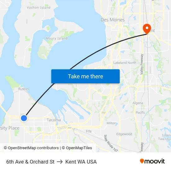 6th Ave & Orchard St to Kent WA USA map
