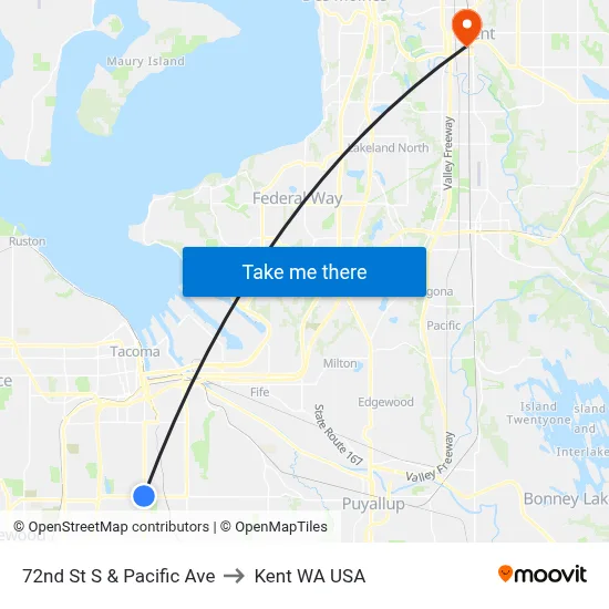 72nd St S & Pacific Ave to Kent WA USA map