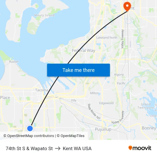 74th St S & Wapato St to Kent WA USA map
