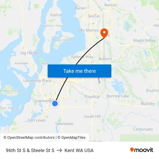 96th St S & Steele St S to Kent WA USA map