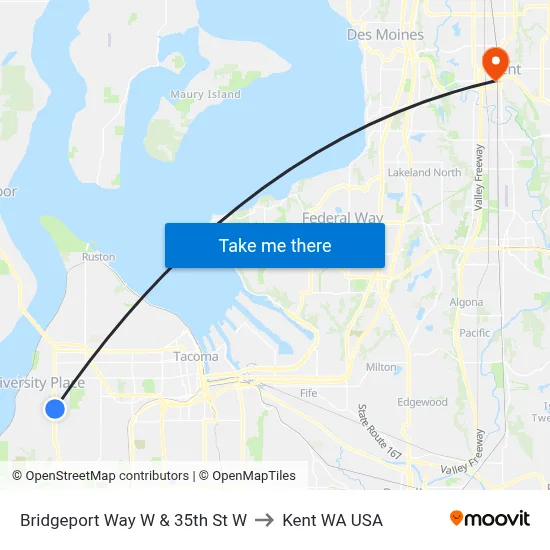 Bridgeport Way W & 35th St W to Kent WA USA map