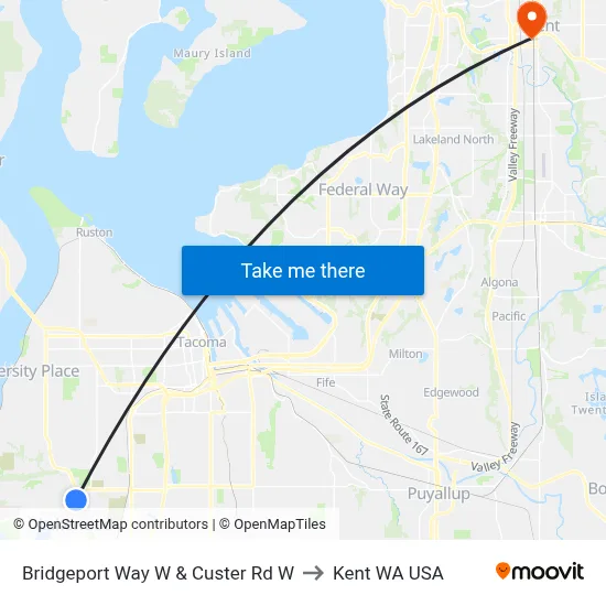 Bridgeport Way W & Custer Rd W to Kent WA USA map