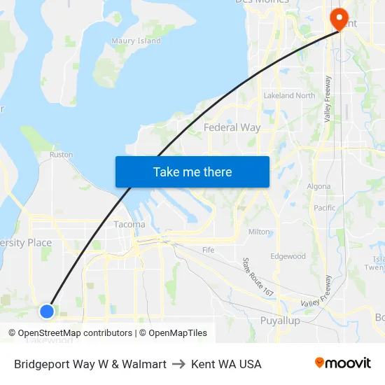 Bridgeport Way W & Walmart to Kent WA USA map