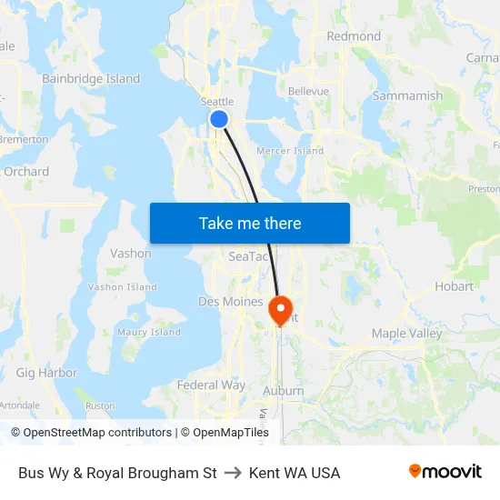 Bus Wy & Royal Brougham St to Kent WA USA map