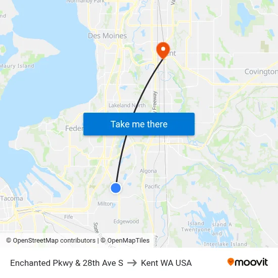 Enchanted Pkwy & 28th Ave S to Kent WA USA map