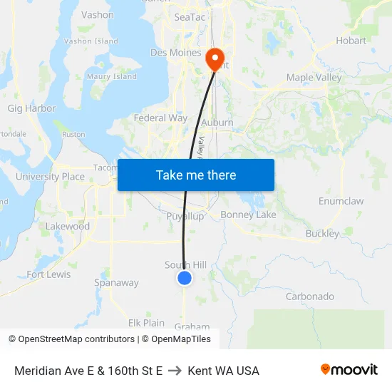 Meridian Ave E & 160th St E to Kent WA USA map