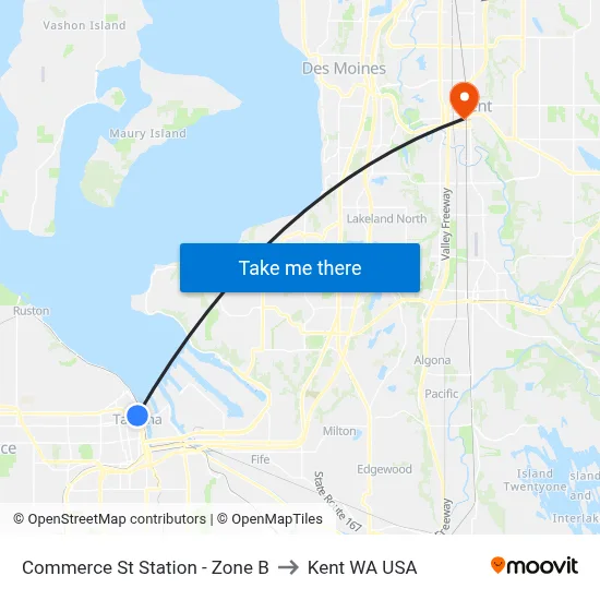 Commerce St Station - Zone B to Kent WA USA map