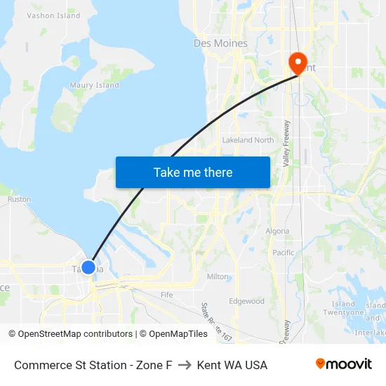 Commerce St Station - Zone F to Kent WA USA map