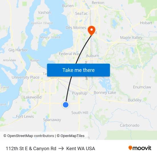 112th St E & Canyon Rd to Kent WA USA map