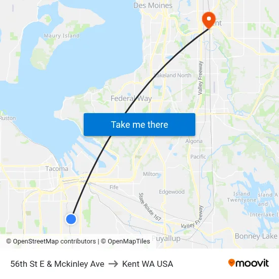 56th St E & Mckinley Ave to Kent WA USA map