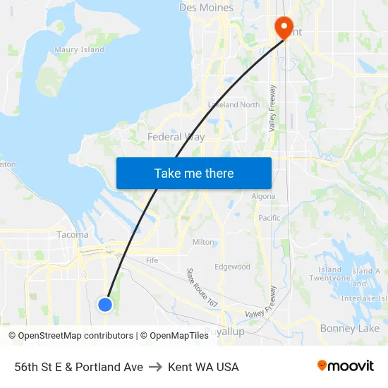 56th St E & Portland Ave to Kent WA USA map