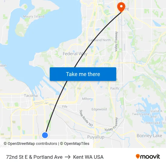 72nd St E & Portland Ave to Kent WA USA map