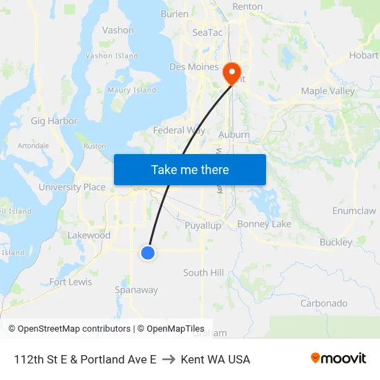 112th St E & Portland Ave E to Kent WA USA map