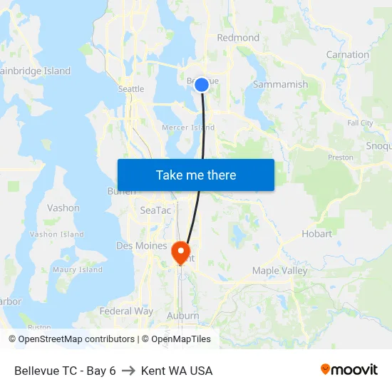 Bellevue TC - Bay 6 to Kent WA USA map