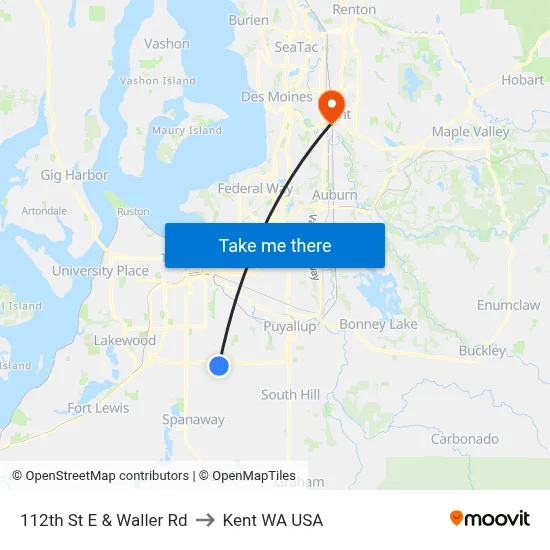 112th St E & Waller Rd to Kent WA USA map