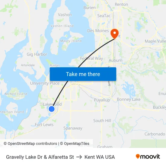 Gravelly Lake Dr & Alfaretta St to Kent WA USA map