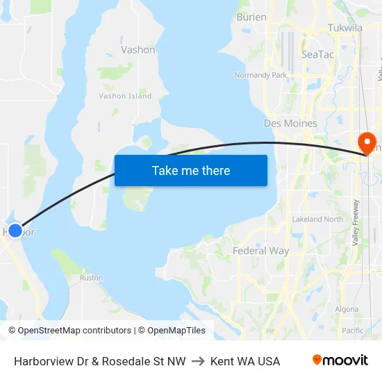 Harborview Dr & Rosedale St NW to Kent WA USA map