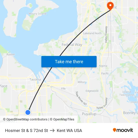 Hosmer St & S 72nd St to Kent WA USA map