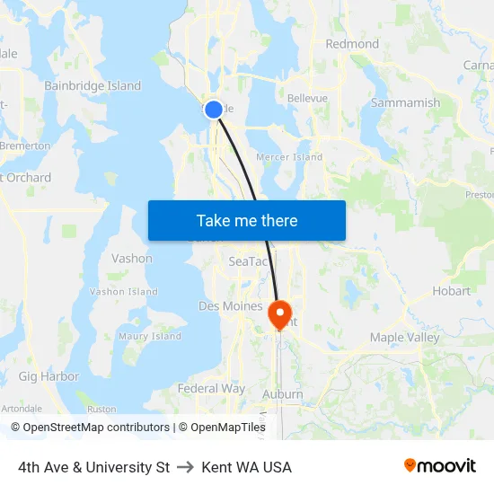 4th Ave & University St to Kent WA USA map
