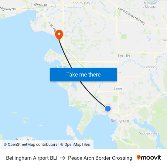 Bellingham Airport BLI to Peace Arch Border Crossing map