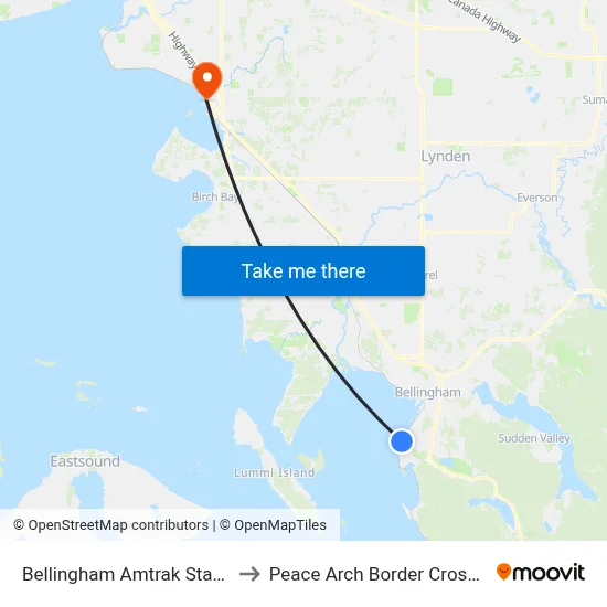Bellingham Amtrak Station to Peace Arch Border Crossing map