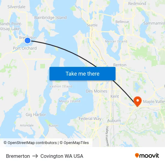Bremerton to Covington WA USA map