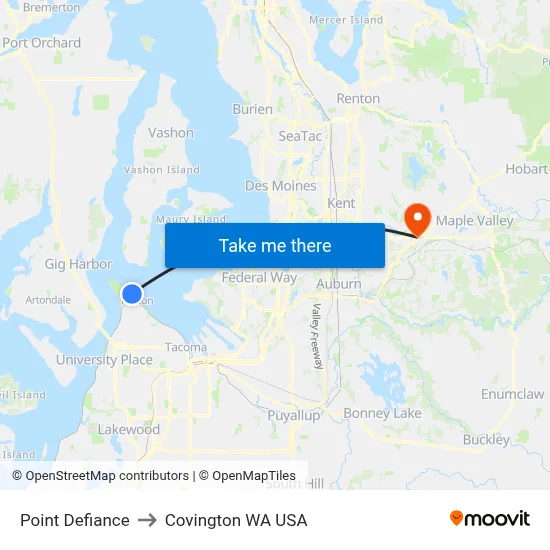 Point Defiance to Covington WA USA map