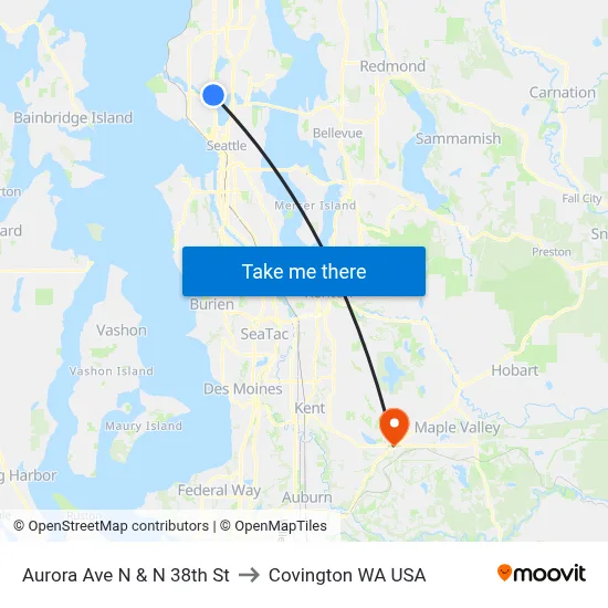 Aurora Ave N & N 38th St to Covington WA USA map
