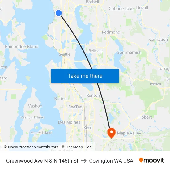 Greenwood Ave N & N 145th St to Covington WA USA map