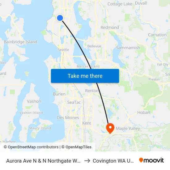 Aurora Ave N & N Northgate Way to Covington WA USA map