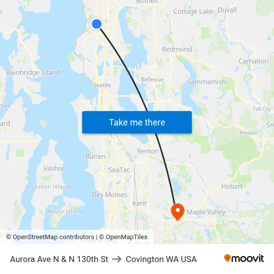 Aurora Ave N & N 130th St to Covington WA USA map