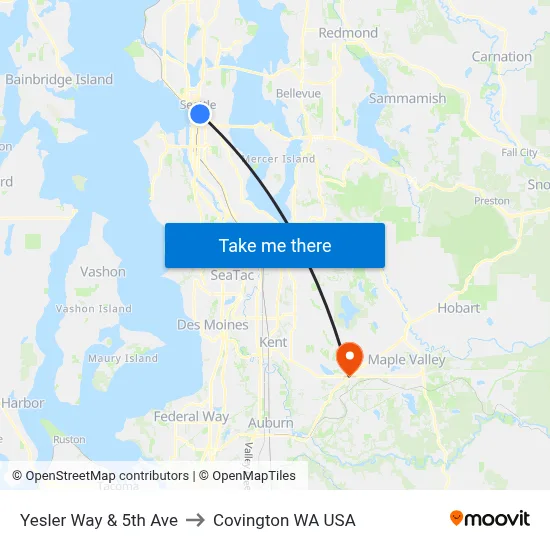 Yesler Way & 5th Ave to Covington WA USA map