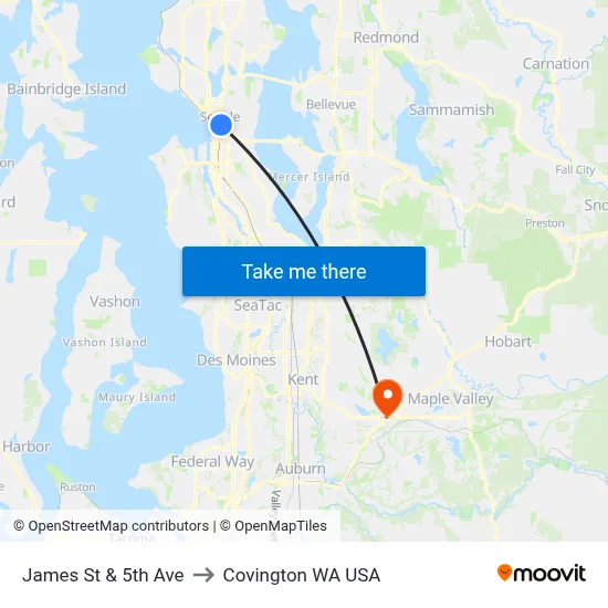 James St & 5th Ave to Covington WA USA map