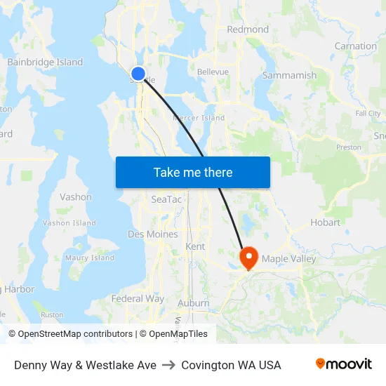 Denny Way & Westlake Ave to Covington WA USA map