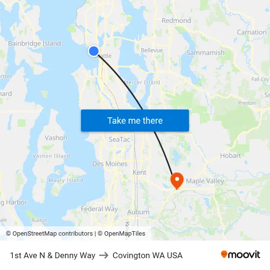 1st Ave N & Denny Way to Covington WA USA map