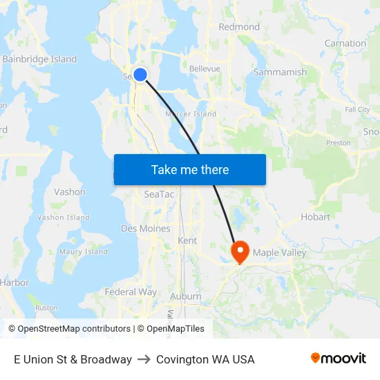 E Union St & Broadway to Covington WA USA map