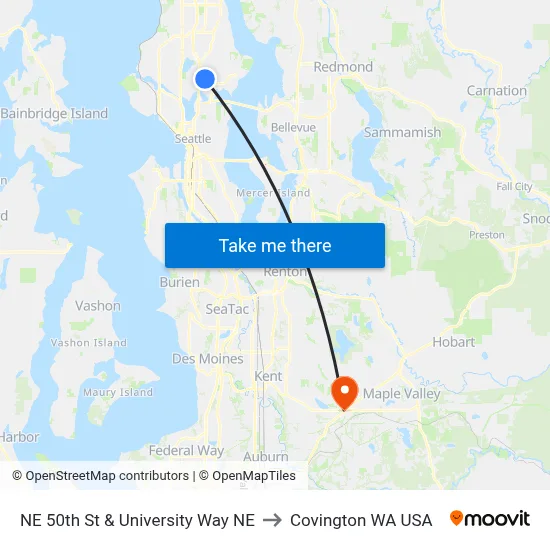 NE 50th St & University Way NE to Covington WA USA map